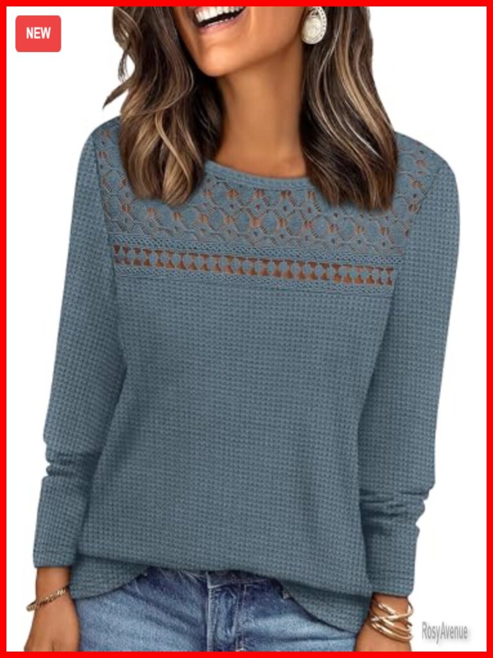 Womens Lace Long Sleeve Blouse Waffle Knit Mesh Dressy Casual Top